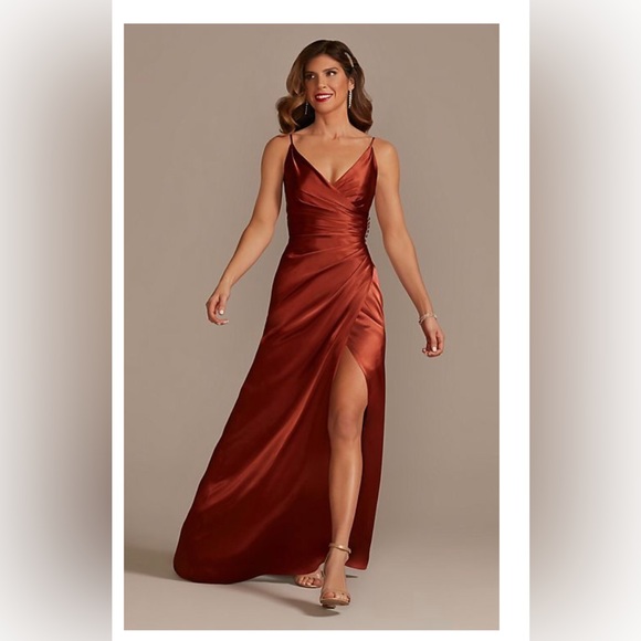 David's Bridal Dresses & Skirts - David’s Bridal charmeuse draped strappy bridesmaid dress in Cinnamon